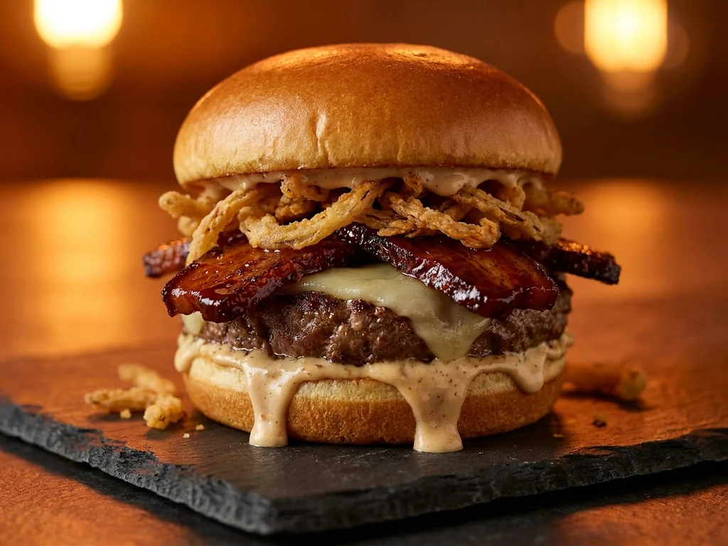 Burgerbuey: 220 g de buey con queso cheddar, bacon, salsa especial y tomate